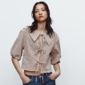 Zara Women's Green Gingham Plaid Tie Front Blouse